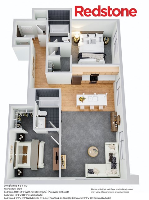 Floor plan for 2 beds, 2 baths